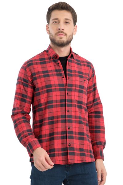 Varetta Dark Red Checked - Wide Cut Men's Shirt with Pockets