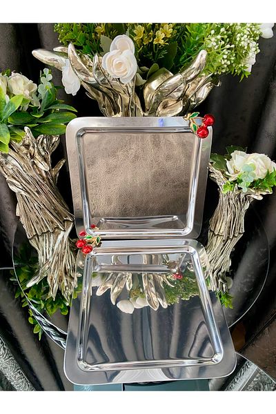atabey home collection صينية معدنية فضية - صينية القهوة والشاي والعرض مع ملحقات الكرز 2 قطعة