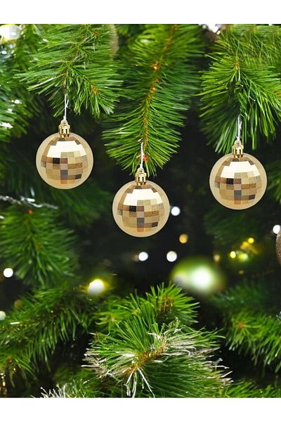Parti Adresi New Year - 5 cm 6-Piece Gold Disco Ball and Pine Tree Decorations