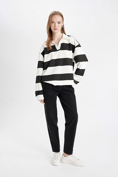 DeFacto Oversize Wide Fit Striped Polo Neck Thick Sweatshirt D4754Ax24Au
