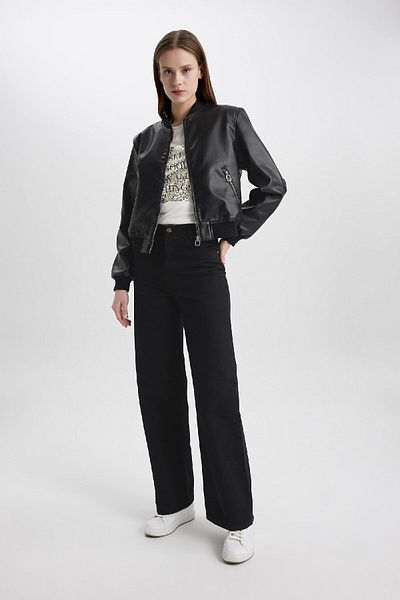 DeFacto Vysokoškolský límec Pevná kapsa na zip Faux Leather Bomber Jacket C2686Ax24Au