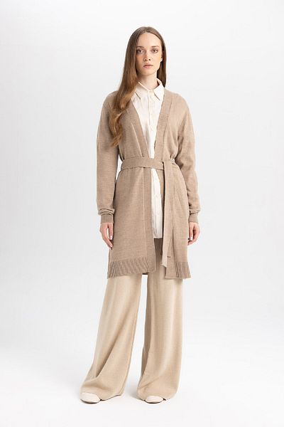 DeFacto Regular Fit Basic Plain Belted Long Knitwear Cardigan Z9026Az24Wn