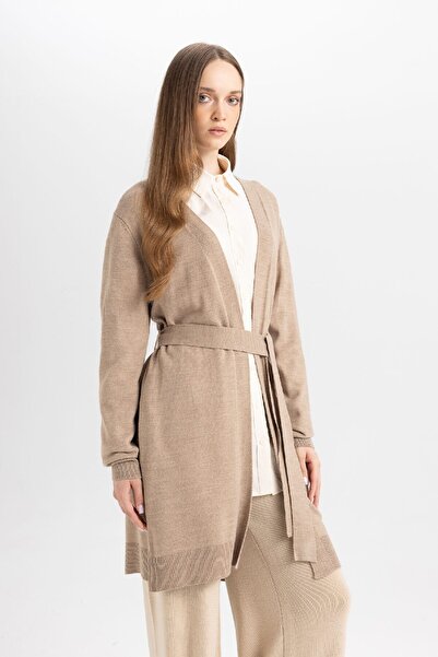 DeFacto Regular Fit Basic Plain Belted Long Knitwear Cardigan Z9026Az24Wn
