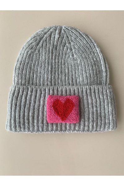 byebruketenci Gray Cream Wool Beret Red and Pink Heart Punch Detailed Hat