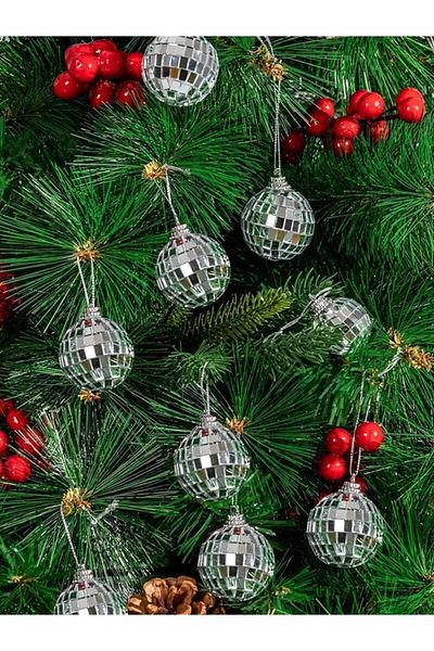 Parti Adresi Set of 6 Silver Disco Balls - Christmas Ornaments, Pine Tree Mirrored, 6 cm