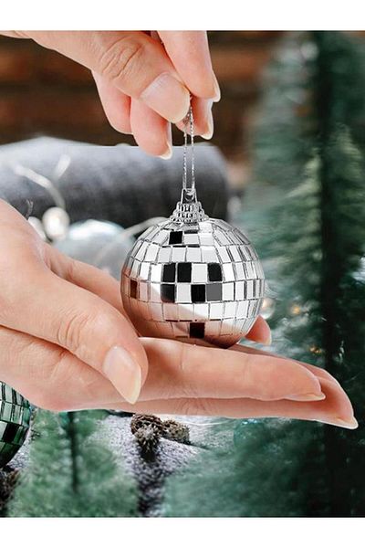 Parti Adresi Set of 6 Silver Disco Balls - Christmas Ornaments, Pine Tree Mirrored, 6 cm