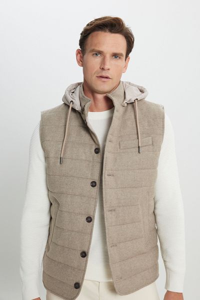 ALTINYILDIZ CLASSICS Men's Beige Wool Warm Standard Fit Regular Fit Hooded Stand Collar Color Block Vest