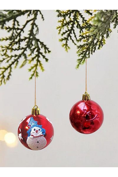 Parti Adresi Pine Tree Decorations with Red Snowman Pattern - 6 cm Christmas Balls