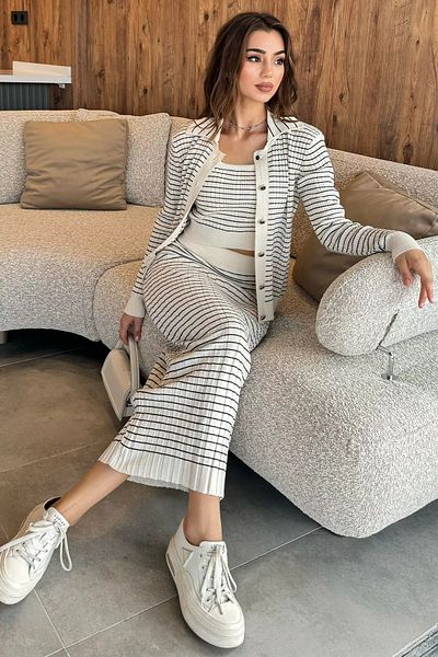 GÜLSELİ Stone Women's Striped Crop Blouse Sweater Skirt Knitwear Triple Set
