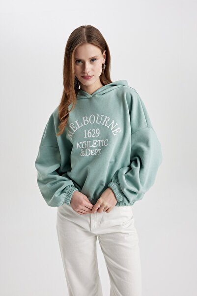DeFacto Relax Fit Kapüşonlu Baskılı Etek Ucu Lastikli Kalın Sweatshirt C4073ax23cw