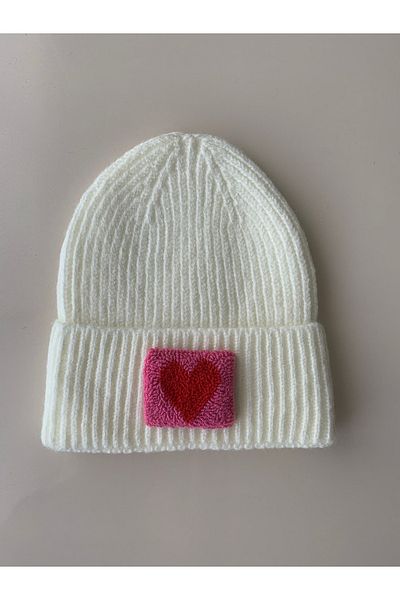 byebruketenci Cream Wool Beret Red and Pink Heart Punch Detailed Hat