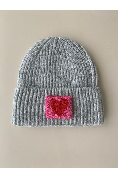 byebruketenci Gray Cream Wool Beret Red and Pink Heart Punch Detailed Hat