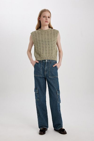 DeFacto Relax Fit Crew Neck Crochet Knitwear Sweater C2178Ax24Sp
