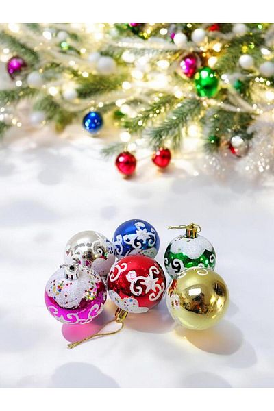 Parti Adresi Christmas Balls Patterned Pine Tree Ornaments Mixed Color 6 cm Pack of 6