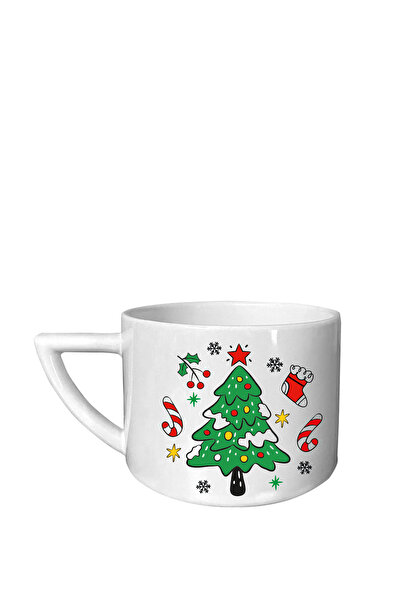 Viva Seramik Christmas Patterned Cup with Pointed Handle Turkish Coffee Cup No 5 - Pine Tree Ornamented (Christmas Cup)