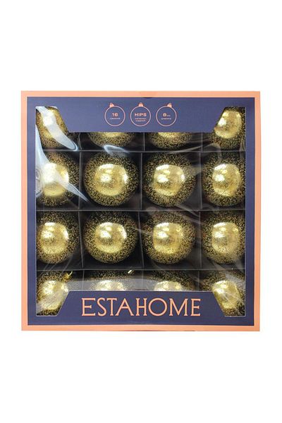 Parti Adresi Christmas Ball Boxed Pine Tree Ornaments Spray Patterned Gold 8 cm 16 Pcs