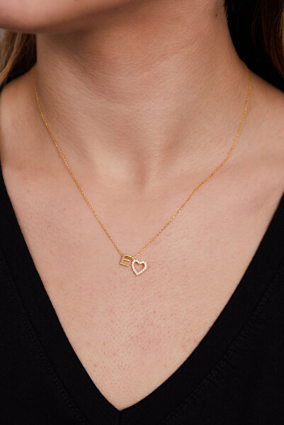 Elika Silver 925 Ayar Gümüş Zirkon Taşlı Kalp Model E Harfi Kolye ELKSLVR7747