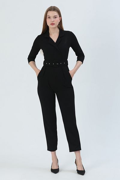 WOMAN VISION Black Scuba Crepe Fabric Double Breasted Collar Long Sleeve Jumpsuit 32044
