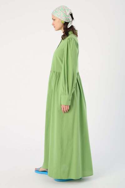 ALLDAY Light Green-100% Cotton Drawstring Shirt Dress