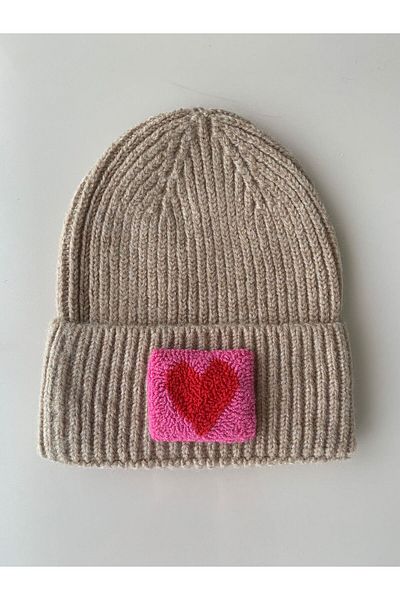 byebruketenci Beige Cream Wool Beret Red and Pink Heart Punch Detailed Hat