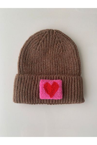 byebruketenci Brown Cream Wool Beret Red and Pink Heart Punch Detailed Hat