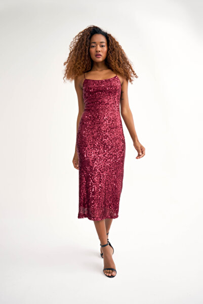 Pubblica Women's Adjustable Strap Detailed Sequin Burgundy Midi Length Dress