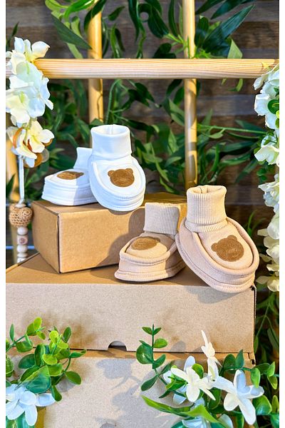 Renkli Puset 2-Piece Basic Baby Booties - 100% Cotton Suede Bear