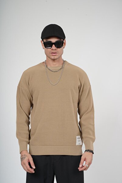 Butik Trend Biz Crew Neck Label Λεπτομερές πλεκτό πουλόβερ με φόρμα μεγάλου μεγέθους