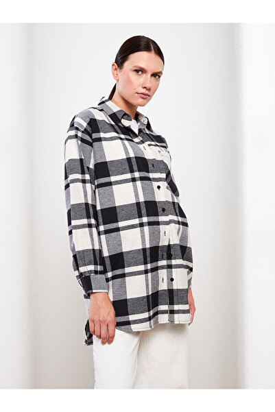 LC Waikiki Γκρι καρό oversized γυναικείο πουκάμισο ξυλοκόπος