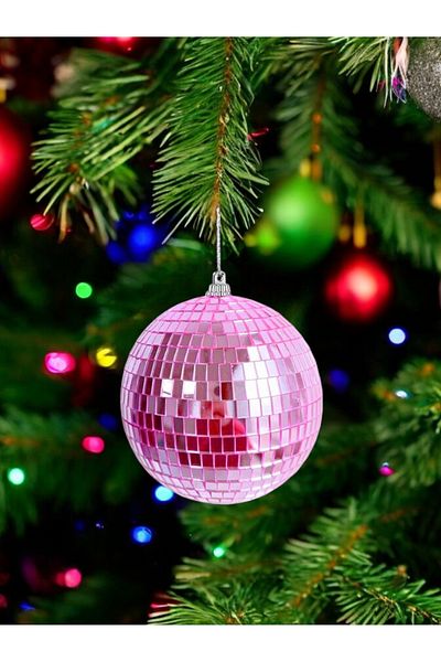 Parti Adresi Pink Pine Tree Pattern New Year's Disco Ball - Mirrored, 12 cm