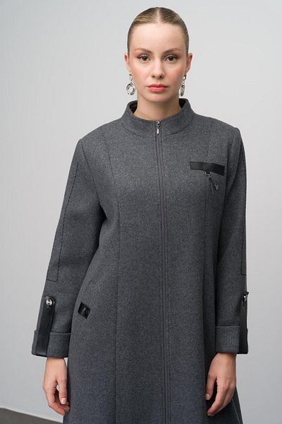 Olcay Δερμάτινο παλτό Plus Size Wool Blended - ANTHRACITE με λεπτομέρεια αξεσουάρ 6629