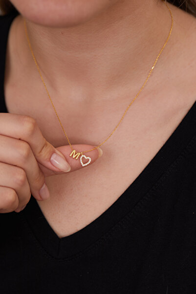 Elika Silver 925 Ayar Gümüş Zirkon Taşlı Kalp Model M Harfi Kolye ELKSLVR7756