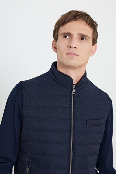 ALTINYILDIZ CLASSICS Men's Navy Blue Cotton Standard Fit Regular Cut Stand Collar Diagonal Pattern Casual Vest