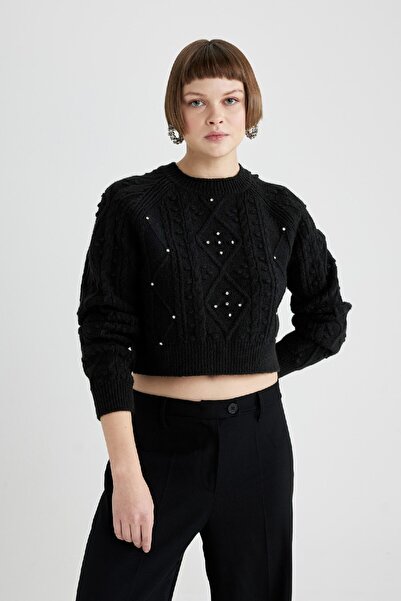 DeFacto Crop Bisiklet Yaka Taşlı Siyah Triko Kazak C0781ax23wn