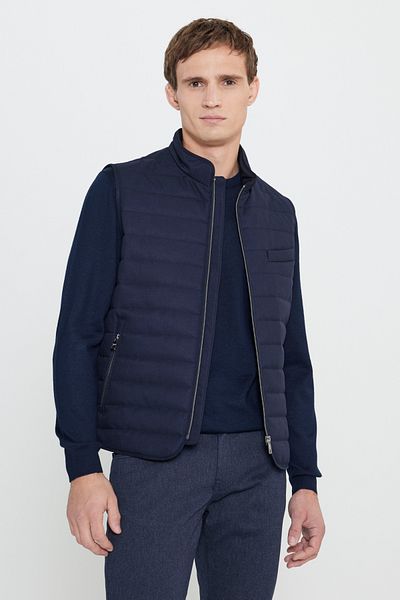 ALTINYILDIZ CLASSICS Men's Navy Blue Cotton Standard Fit Regular Cut Stand Collar Diagonal Pattern Casual Vest