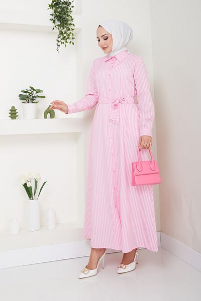 Eliva Rochie de damă din satin roz, lungă, albă, cu dungi, cu centură