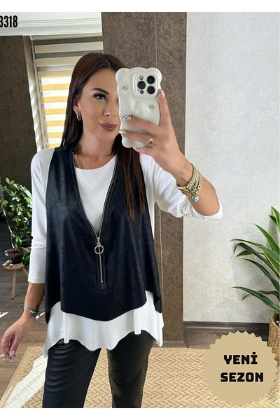 Viyamo Bluză cu mânecă lungă cu decupaj asimetric pentru femei, sezon nou, vestă cu fermoar, set din două piese