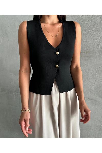 Butik La Lilyum, Women's Pearl Buttoned Vest with Lapel - Stylish and Elegant Knitwear Design