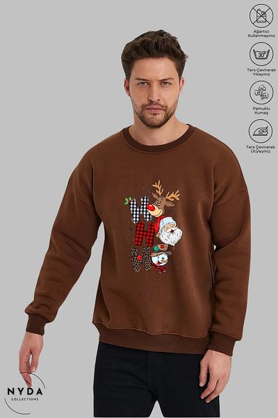 Nyda Collections Unisex μακρυμάνικο χριστουγεννιάτικο φούτερ με στάμπα με λαιμόκοψη χωρίς κουκούλα