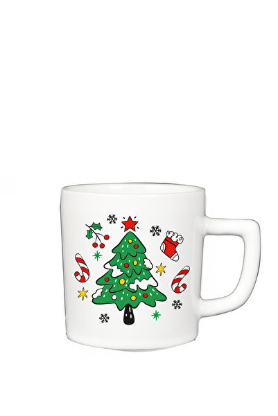 Viva Seramik Christmas Patterned D Handle Double Cup No 13 - Christmas Tree Pattern (Christmas Cup)