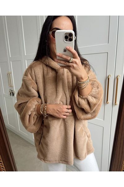 FASHION COCKTAIL Μαλακό και άνετο γυναικείο φούτερ με κρυφή τσέπη με κουκούλα - Milk Coffee