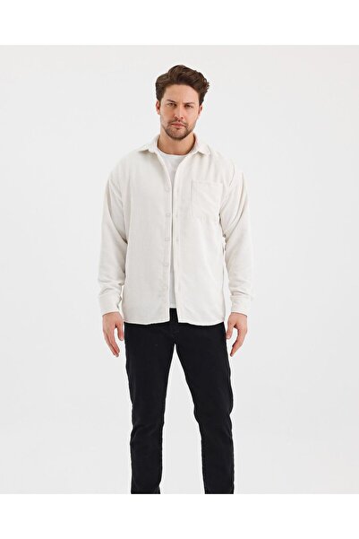 A&O Style Erkek Krem Oversize Cepli Uzun Kollu Kadife Gömlek