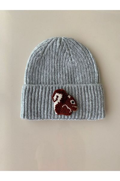 byebruketenci New Year's Gray Hat - Beret and Squirrel Punch Detailed Gift