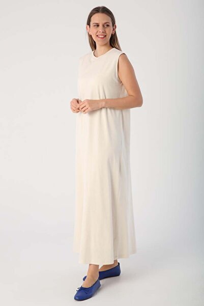 ALLDAY Ekru Pamuklu Bisiklet Yaka Kolsuz İçlik Elbise