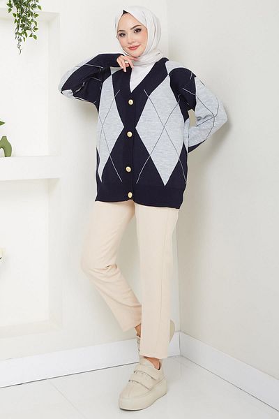 hafsamina Navy Blue Diamond Patterned Knitwear Cardigan - Hm2609