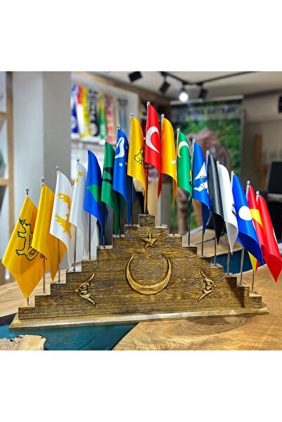 Asyabayrak El Oyması Çam Ağacı 17'li Eski Türk Devletleri Bayrak Seti