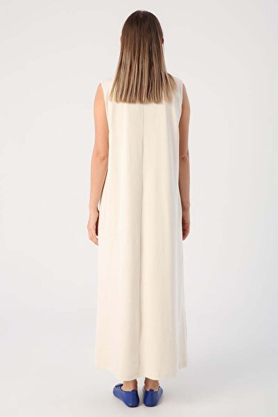 ALLDAY Ekru Pamuklu Bisiklet Yaka Kolsuz İçlik Elbise