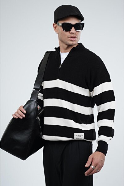 Butik TREND BIZ Πλεκτό πουλόβερ με μισό φερμουάρ με ριγέ ριγέ