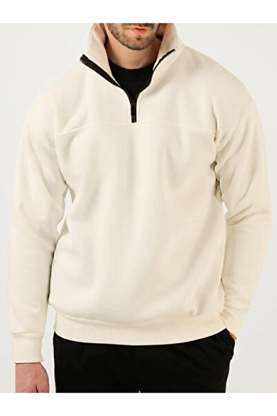 Butik Beyaz Unisex Yarım Fermuarlı Sweatshırt