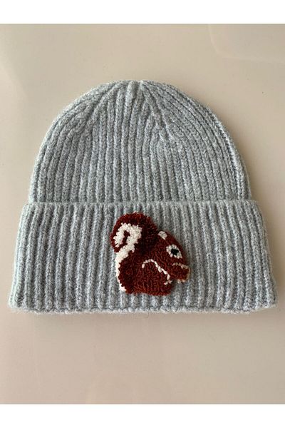 byebruketenci New Year's Gray Hat - Beret and Squirrel Punch Detailed Gift